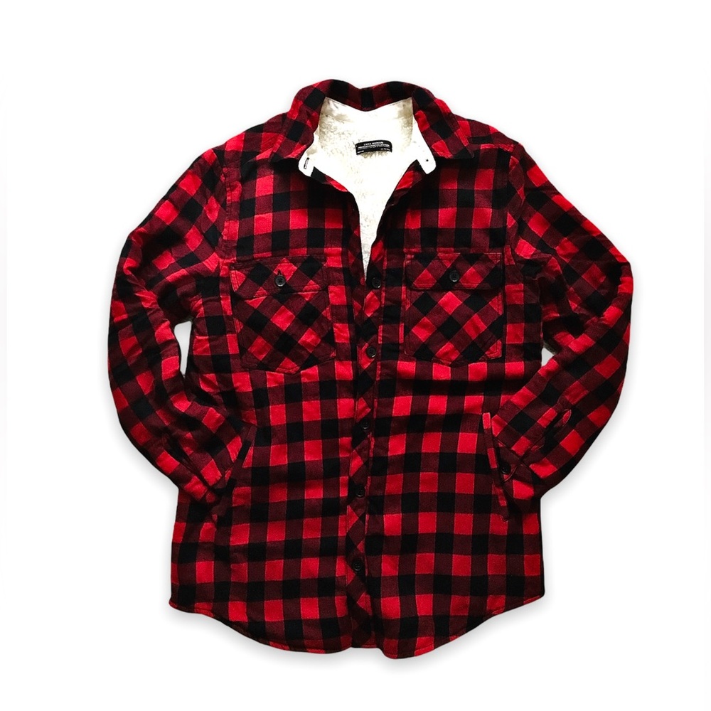 ZARA Buffalo Plaid Sherpa-Lined Button-Up Shacket